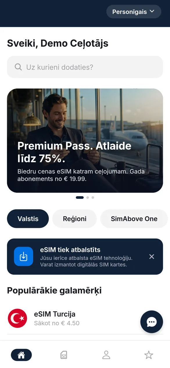 eSIM programėlės pagrindinis ekranas